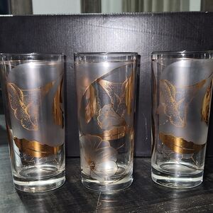 Set Of 3- Vintage Culver  22K Gold Floral Frosted Glasses